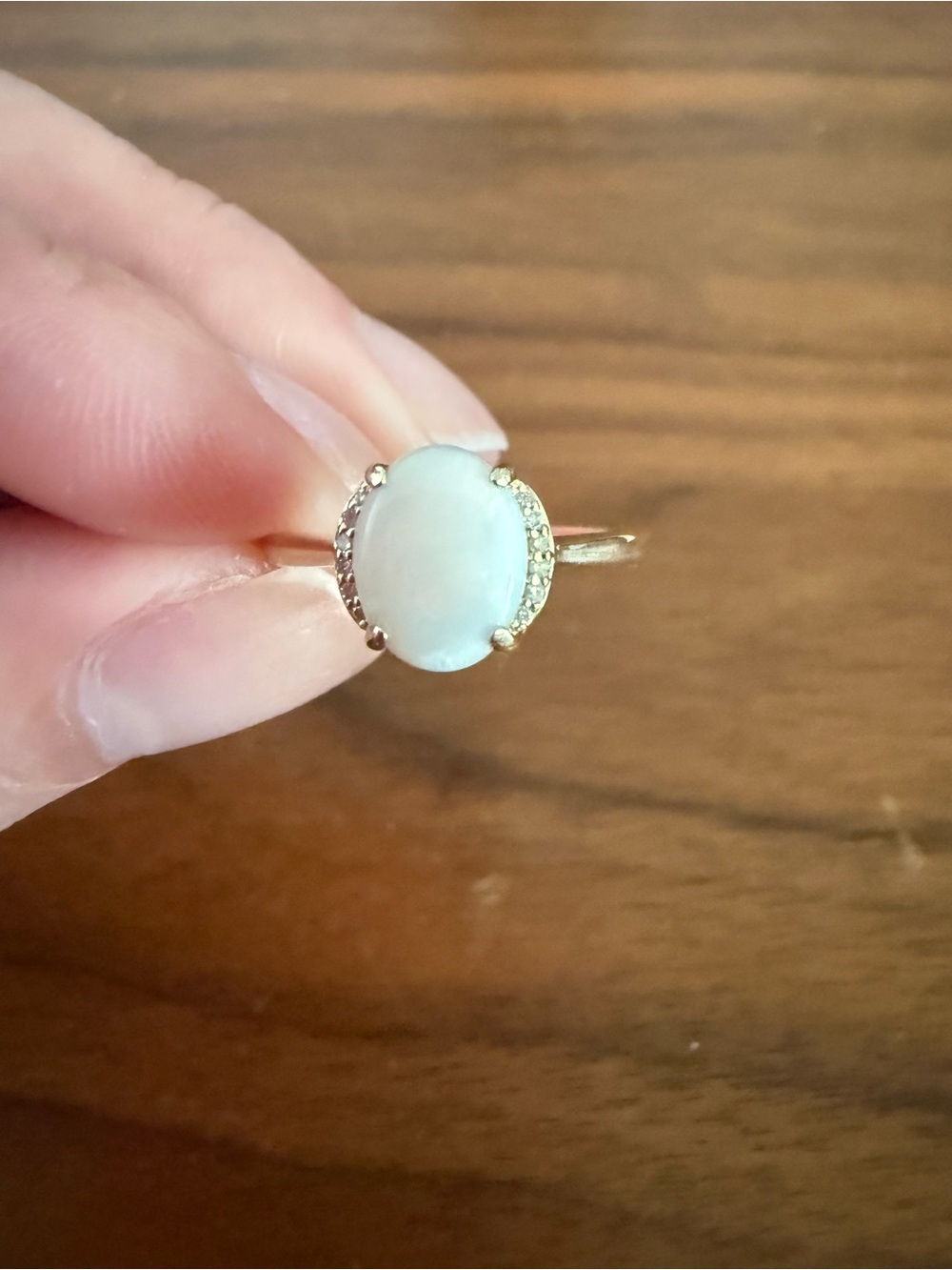 Delicate White Opal 14k Gold Ring with Diamond Accents